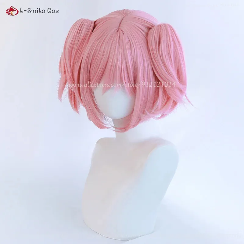 CyAnime Madoka Kaname Cosplay Wig Light Pink Double Ponytail Clip Wig Heat Resistant Synthetic Hair Halloween Party Wigs + Wig C