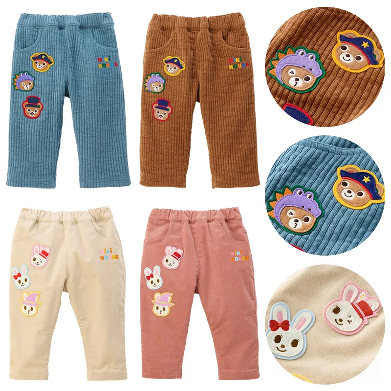 

Boys' and Girls' Autumn and Winter Corduroy Pants with Cute Cartoon Bear and Rabbit Appliqué Long Casual Pants.