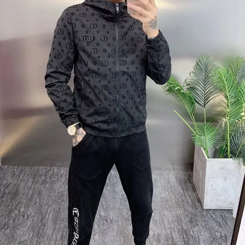 

Faionable Pure Color Printed Hooded Jaet for Men Spring Autumn Zipper Cardigan Youth Sle Windproof ort Length