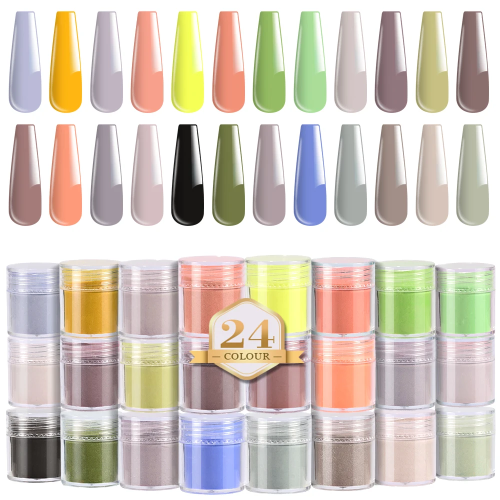 24Pcs Dopamine-Color Acrylic Powder 5g/Jar Brown/Yellow/Green Crystal Polymer for French Nail Art 3D Tips Extension Carving Dust