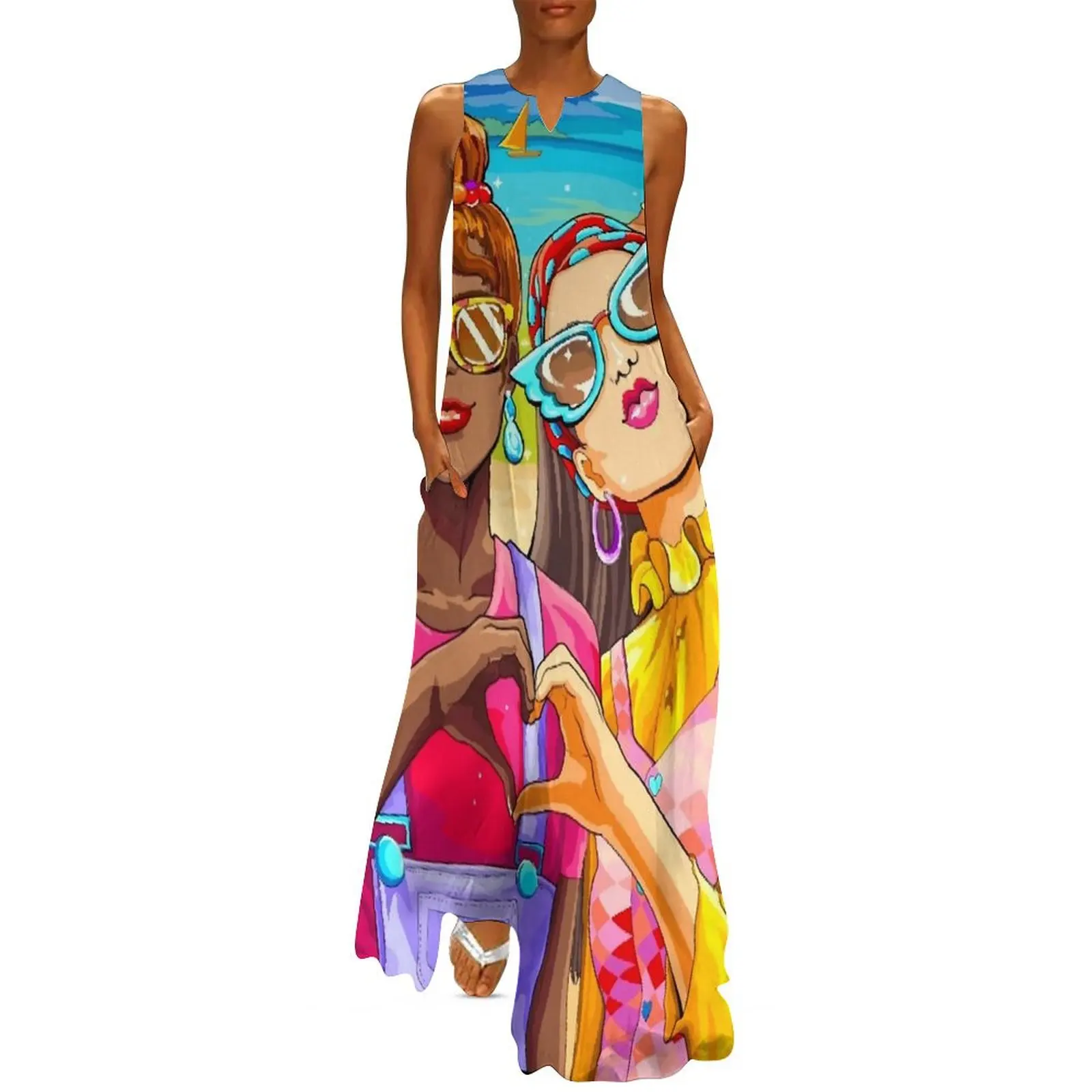 Cartoon Ladies Dress Travel Buddies Elegant Maxi Dress V Neck Custom Bohemia Long Dresses Aesthetic Oversized Clothing