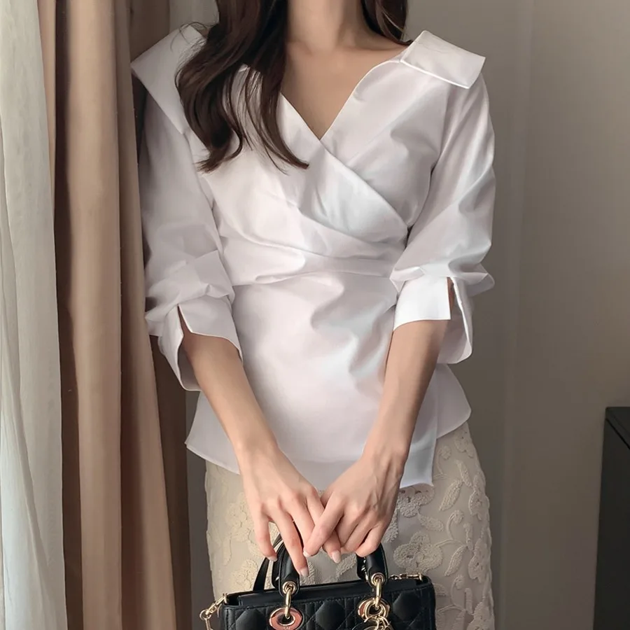 

Fall Faion V-Ne Плиссированный топ Ele Asymetryczny irt Женский свободный крой Long Sve Полиэстер Смесь Универсальный Sle