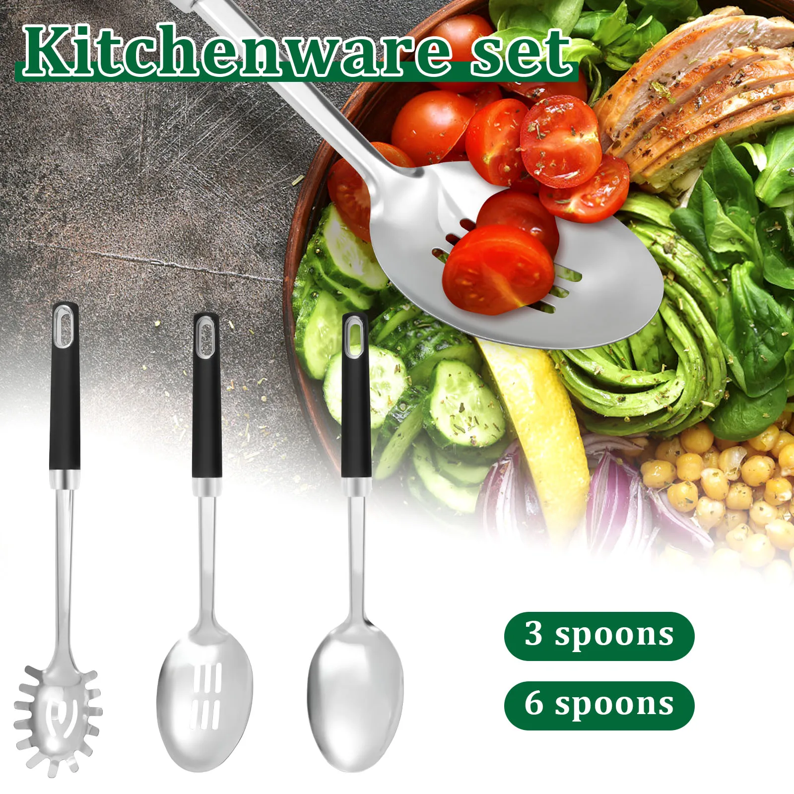 3/6Pcs Stainless Serving Spoons Set with Slotted Spoon Solid Spoon and Spaghetti Spoon Tableware Serving Spoons Kitchen Tools