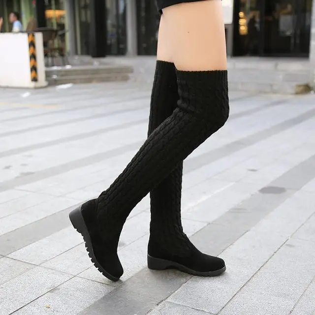 2024 Autumn and Winter New Fashion Knitted Wool High Socks Boots for Women Wedges Over The Knee Long Elastic Skinny Boots