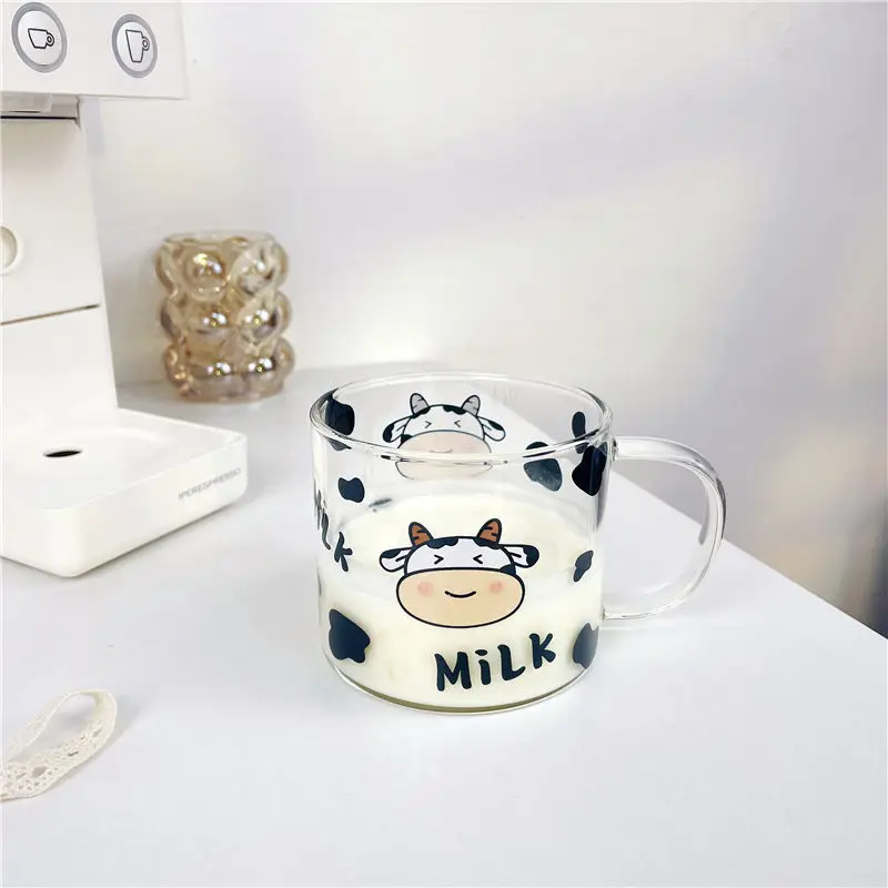 1 pc 400ml  13.5OZ High Borosilicate Beautiful Mugs Glass Cup with Cow Pattern with Spoon Cover Lid  for Student Dormitory drink