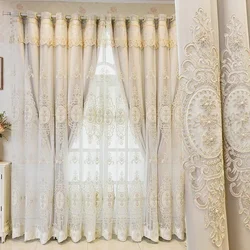 Luxury 3D Floral Embossed Curtains for Living Room Bedroom Decor Blackout Double Layer Sheer Pearl Embroidered Lace Tulle Custom