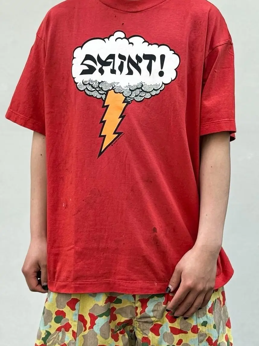 Vintage American Streetwear Saint Heavyweight Lightning Cloud Washed out Loose Shape T-Shirt Short Sleeve Unisex Breathable C...