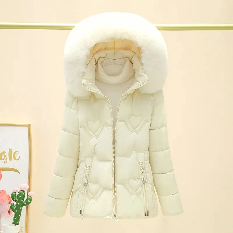 

Women's Short Plush Collar Puffer Jacket Winter New Down cotton Slim Long Sleeve Detachable Hood Coat Thick Warm Fashion Outwear