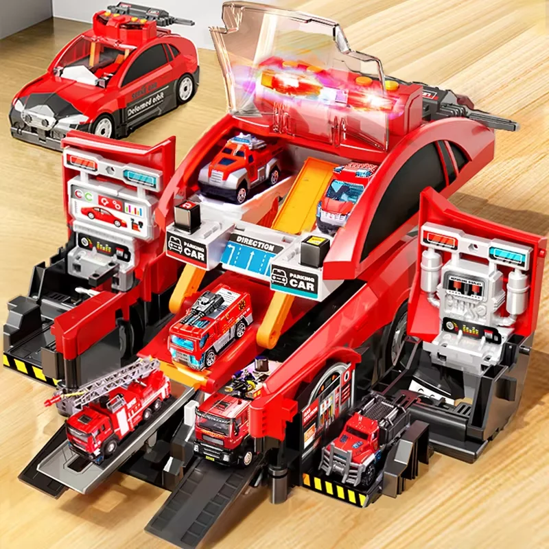 `1:12 Scale Deformable Firefighting Truck Toys with Lights and Sound 6PCS Alloy Car Models Vehicle Set Gift for Boys 3 Years Old