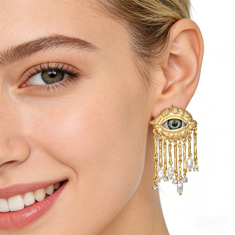 Exquisite 925 Silver Needle 14k Gold Plated Pearl Tassel Medieval Eyes Drop Earrings For Women Vintage Hip-hop Fine Jewelry
