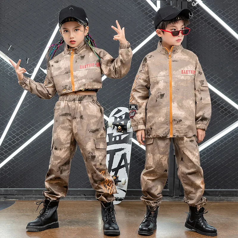 Boys Hip Hop Jacket Cargo Pant Girls Camouflage Crop Tops Jacket Clothes Child Military Joggers Street Dance Kids Streetwear