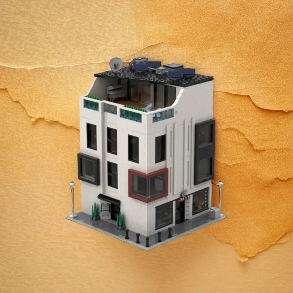 

3612Pcs 1Modular Modern Corner Building MOC with Glass Curtain Wall, Café & Balcony Education Building Blocks Gift