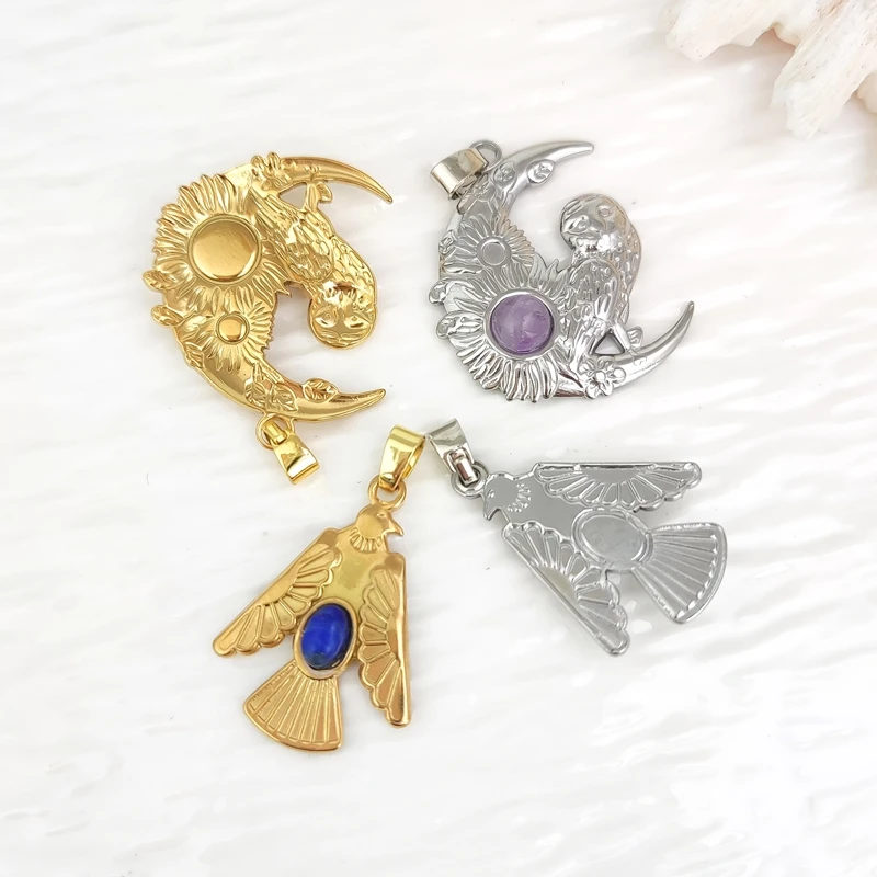 Moda vintage banhado a ouro pingentes de coruja de aço inoxidável com pingentes de cristal de cura jóias fazendo suprimentos colar diy