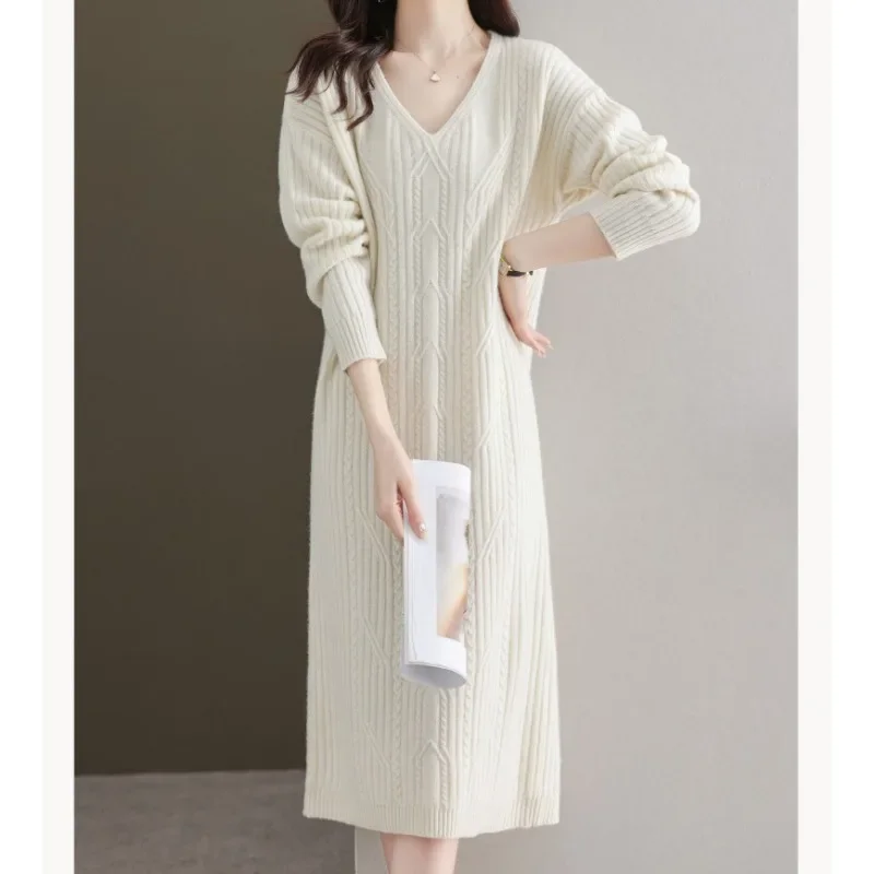 Fashionable V-neck Knitted Dress for Women in Autumn and Winter, with A Diamond Grid Mid To Long Style and Loose Base Fur Skirt