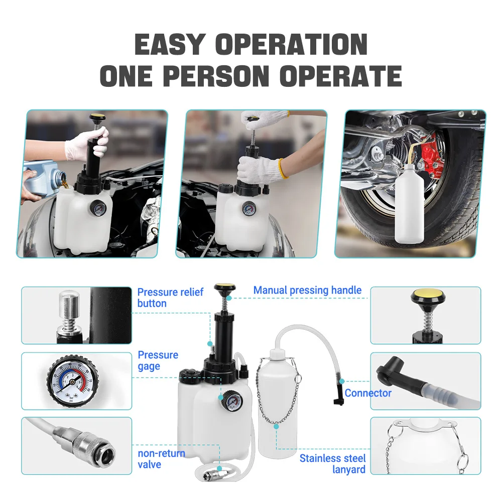 เครื่องเปลี่ยนถ่ายน้ำมันเบรกแบบแมนนวล 4 พอร์ต พร้อมอะแดปเตอร์ถังเก็บน้ำมันเสีย ประแจ 3 ลิตร เครื่องมือเปลี่ยนถ่ายน้ำมันเบรกยานยนต์ ปั๊มแรงดัน