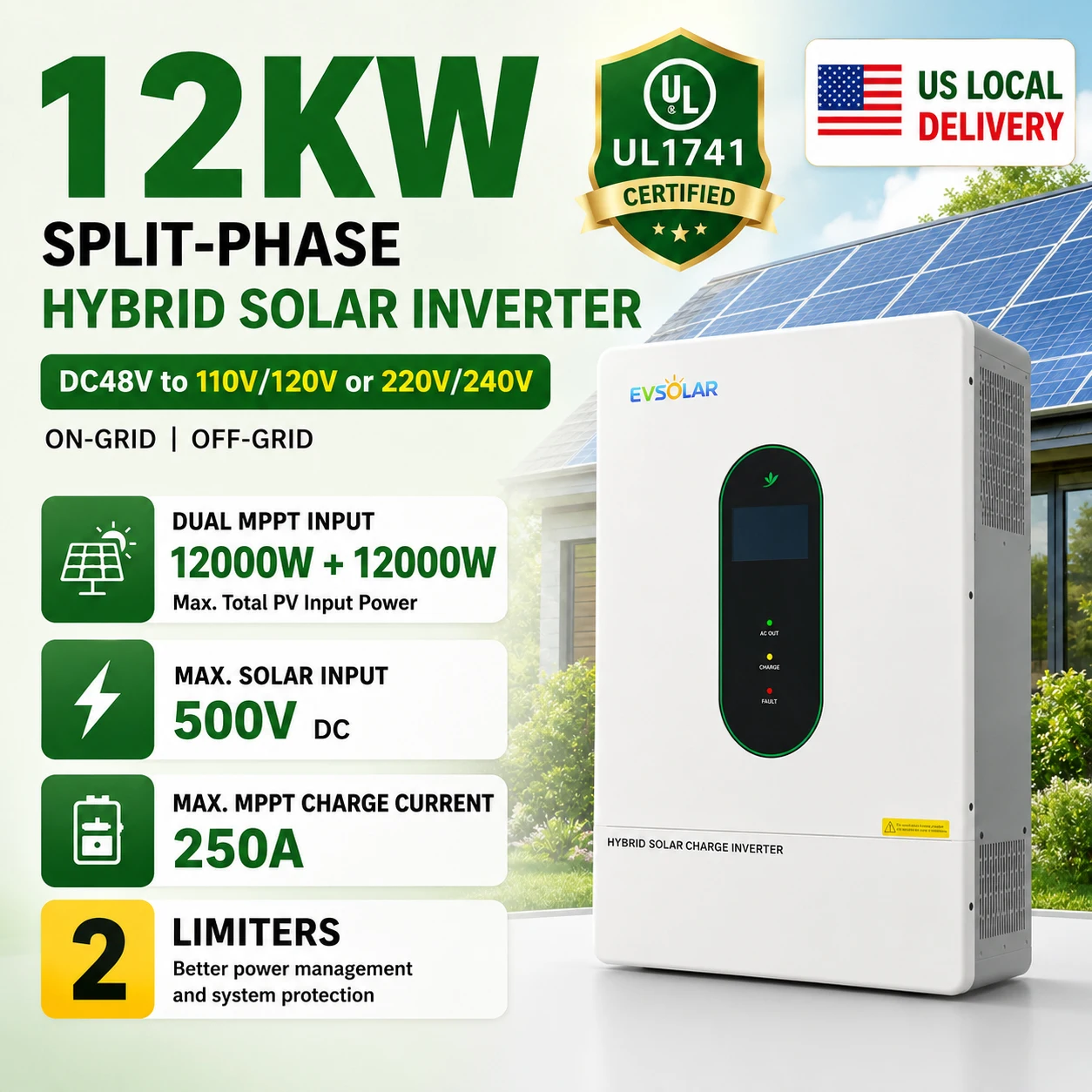 UL1741 Certified 12KW Hybrid Solar Inverter with Dual MPPT PV Input 110V 120V/ 220V 240V Split Phase 250A MPPT Solar Charger 160A AC Charging 500V PV Voltage 48V On/Off Grid Inverter With CT Limiter