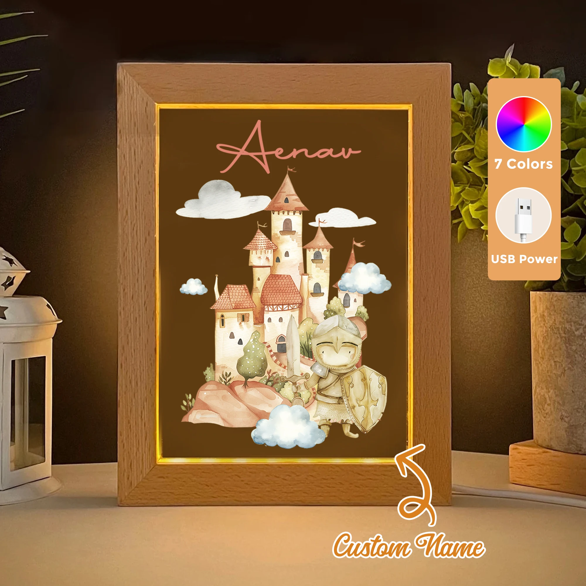 

2D Flat Custom Name Cartoon Castle LED Acrylic Night Light Wood Photo Frame 21x17cm Child Bedroom Gifts Home Decor