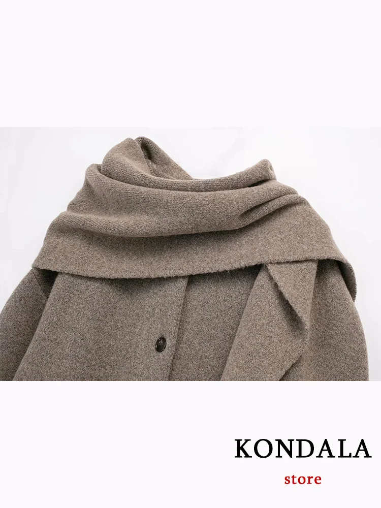 KONDALA Casual Vintage Chic Women Overcoat Solid Scarf Collar Pockets Single Breasted Loose Coat Fashion 2024 Autumn Winter Coat