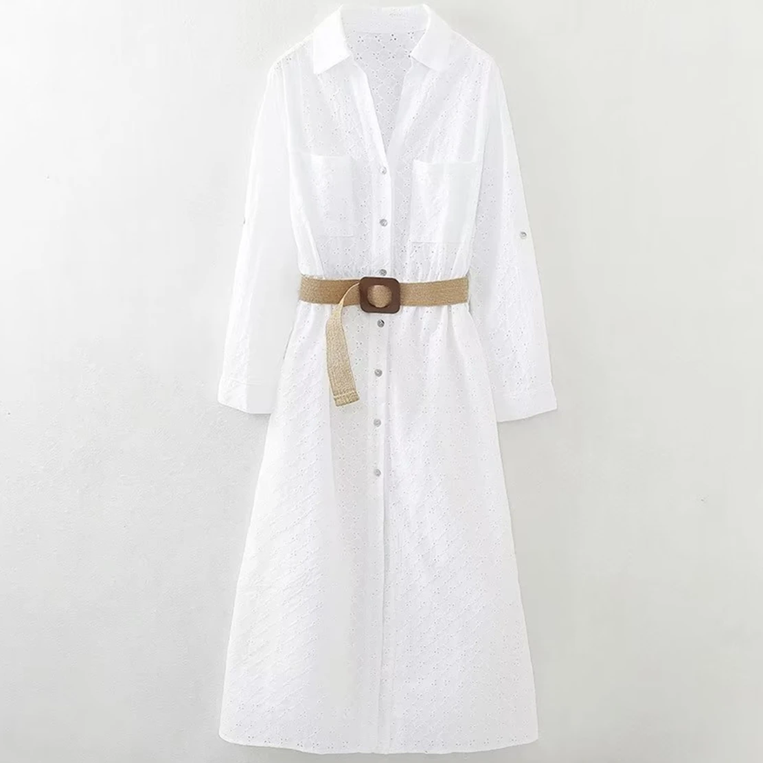 

Dave&Di French Country Style Pure Cotton Hollow Midi Dress White Women Fashion Elegant Ladies Dress With Belt