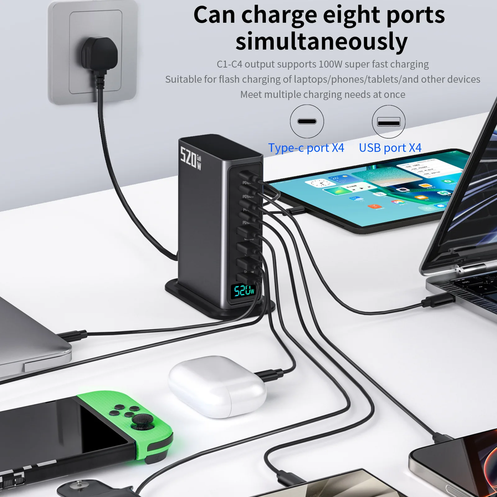 

520W Desktop GaN Charger 4C4A 8 Ports 100W PD USB Type C Usb Power Hub Mobile Phone Laptop Fast Charging Station