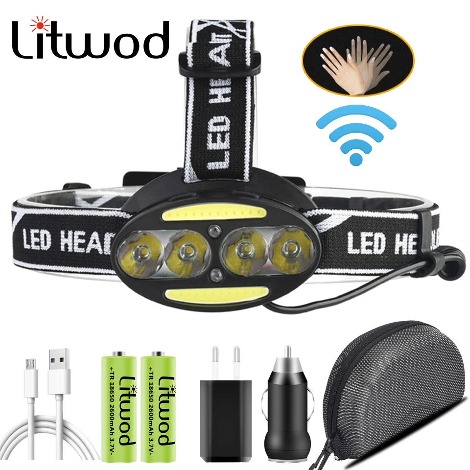 Led Headlamp USB Rechargeable 18650 Battery Sensor Headlight Head Flashlight Torch Lantern Lamp Outdoor Fishing Hiking Light