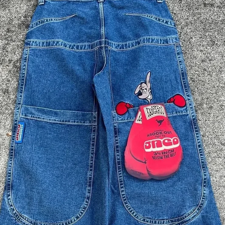 JNCO-Men جيب كبير أزرق كلاسيكي جينز فضفاض ، هاراجوكو ، نمط الكنغر ، قوطي ، خصر عالي ، بنطال عريض كاجوال ، هيب هوب ، Y2k