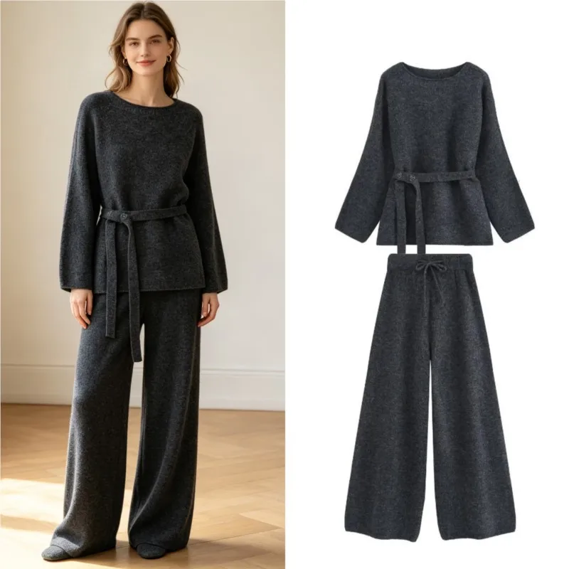 Women's Knit Pants Set Autumn Fashion Round Neck Long Sleeve With Belt Top High Waist Elastic Waistband Lace-up Pants Casual Set