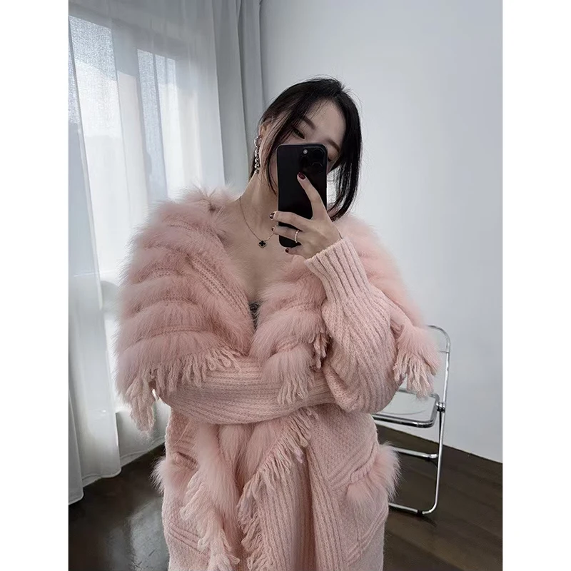 Real Fox Coat For Women European Tassels Loose Slouchy Style Knitted Cardigan Shawl Femme Splice Golilla Fur Sweater Mulit Color