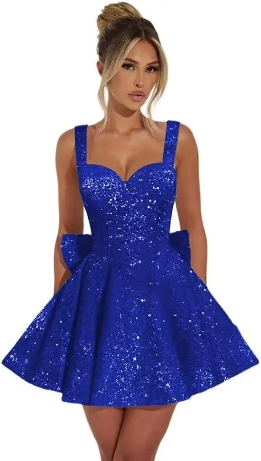 

Блестящее школьное платье с бантом и пайетками, короткое платье 2024, вечернее платье трапециевидной формы на тонких бретельках, танцевальное коктейльное платье для дня рождения