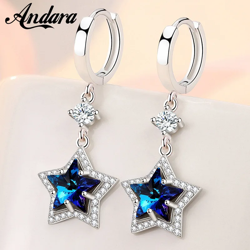 925 Sterling Silver Earrings Blue Crystal Zircon Pentagram Earrings For Women'S Fashion Jewelry Gifts