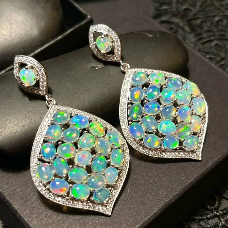 Elegant Synthetic Rainbow Opal Drop Earrings For Women Fashion Sparkling Dangle Earrings Charm Temperament Jewelry