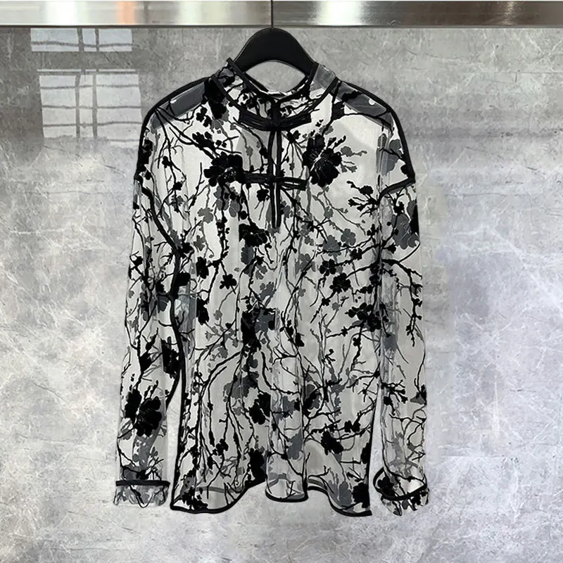 

2023 Summer Hollowed Out Transparent Printing Loose Chinese Standing Collar Button Long Sleeved Shirt Quality Perspective Top