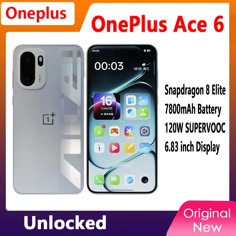 هاتف محمول Oneplus Ace 6 الأصلي Snapdragon 8 Elite OTA 6.83 "AMOLED 50.0MP كاميرا 120 واط شحن بطارية 7800 مللي أمبير في الساعة بصمة 5