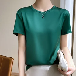 Summer Basic Solid Color T-Shirt Women's Round Neck Short Sleeve T-Shirt Top Silk Satin Elegant Casual Chic Women's Silk Shirt