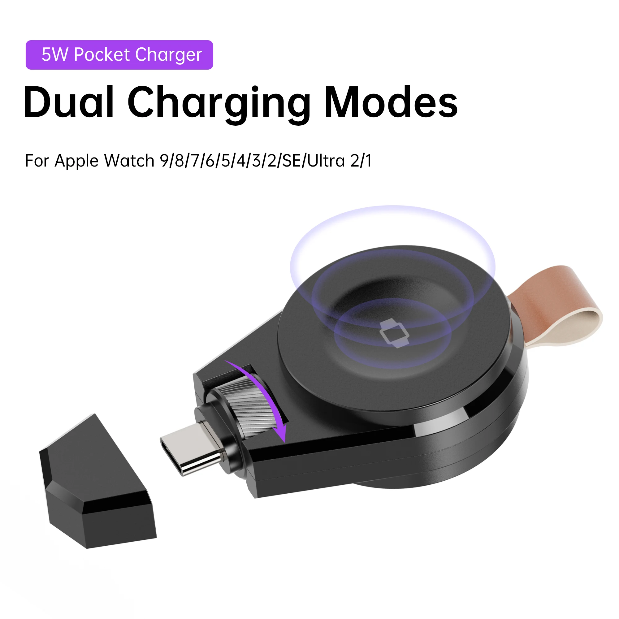 Rotatable Mini Portable Magnetic Wireless Charger For Apple Watch 9 8 7 6 5 4 3 2 1 USB C Charging Dock For iWatch SE Ultra 2