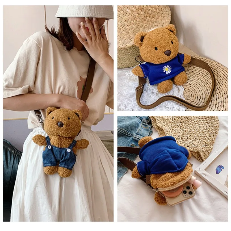 Cute Bear Plush Crossbody Bag Backpacks One Shoulder Diagonal Wallet Stuffed Animals Toy Coin Purse Kids Birthday Gift New