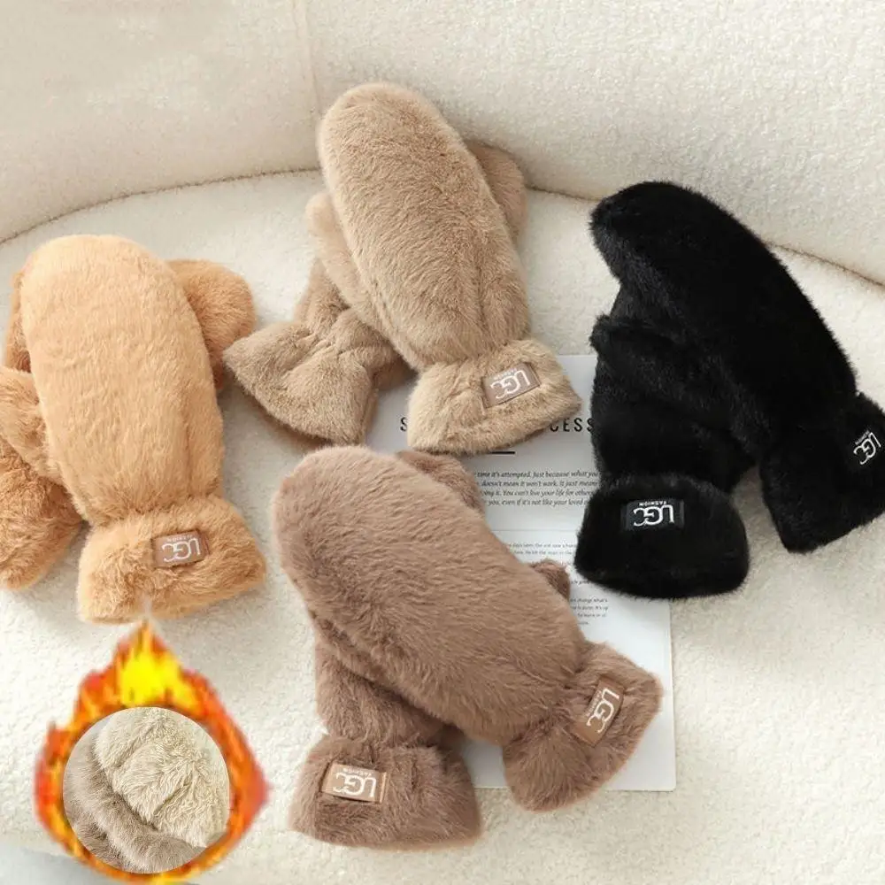 

Женские перчатки из искусственного кроличьего меха, уличные, сохраняющие тепло, утолщенные перчатки, мягкие плюшевые варежки для катания на лыжах, варежки с длинными пальцами