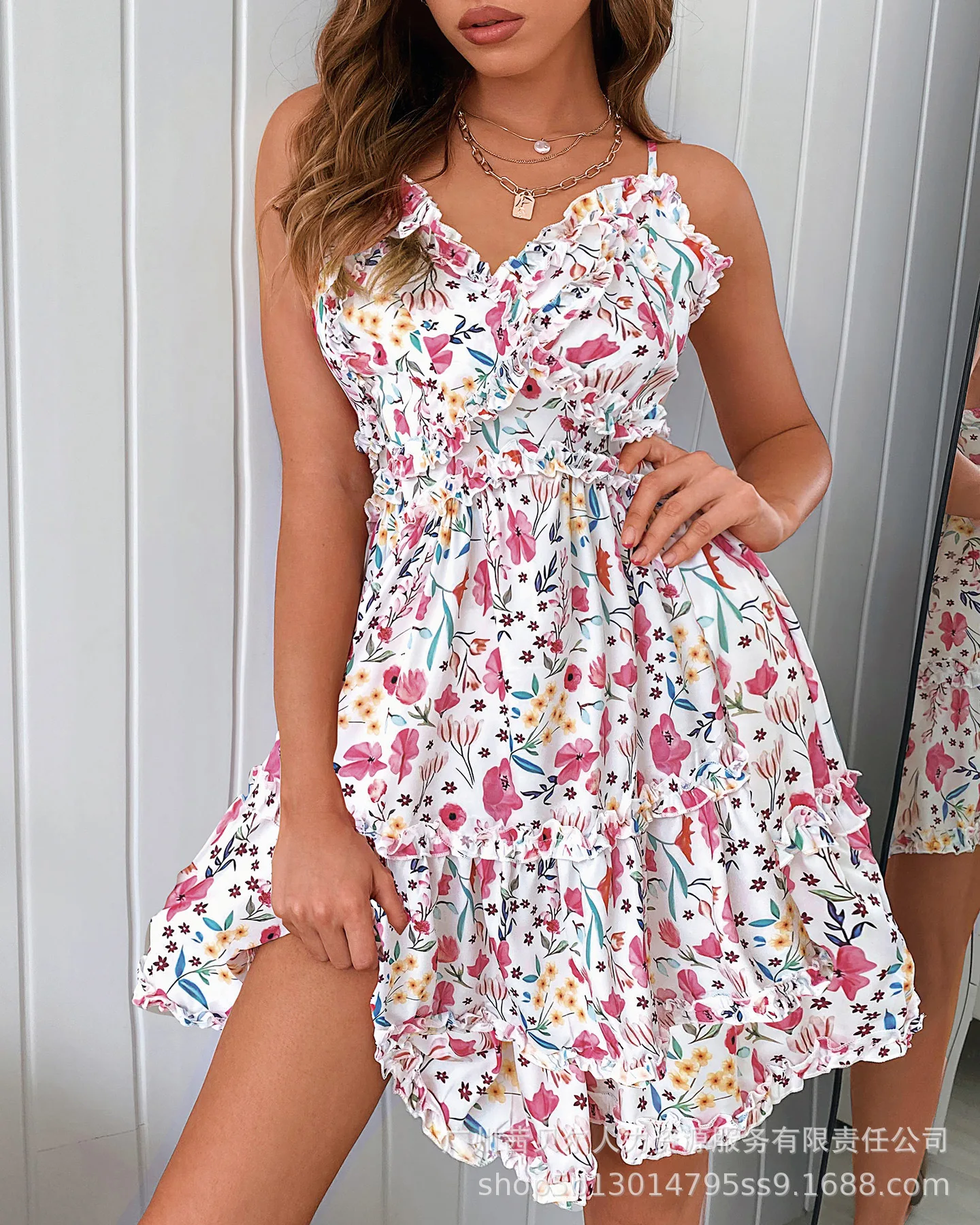 

Women's Summer Vacation Beautiful Sexy Dress Waist Tied New Fashion Colorful Floral Camisole Backless Ultra Short Loose Dress