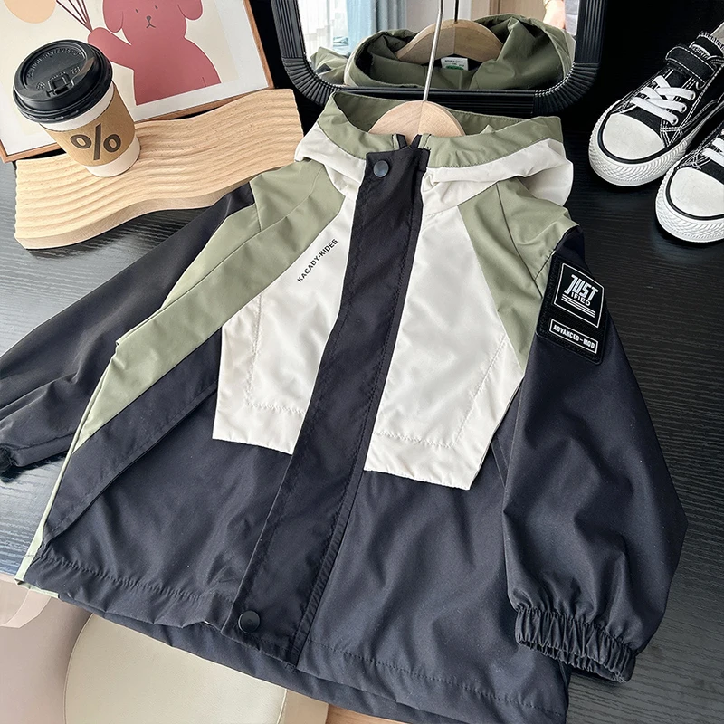 New Colorblocking Boys Jacket Spring Boy Fashion Hooded Windbreaker Coat Autumn Children Clothes Kids Casual Zipper Outewear Top