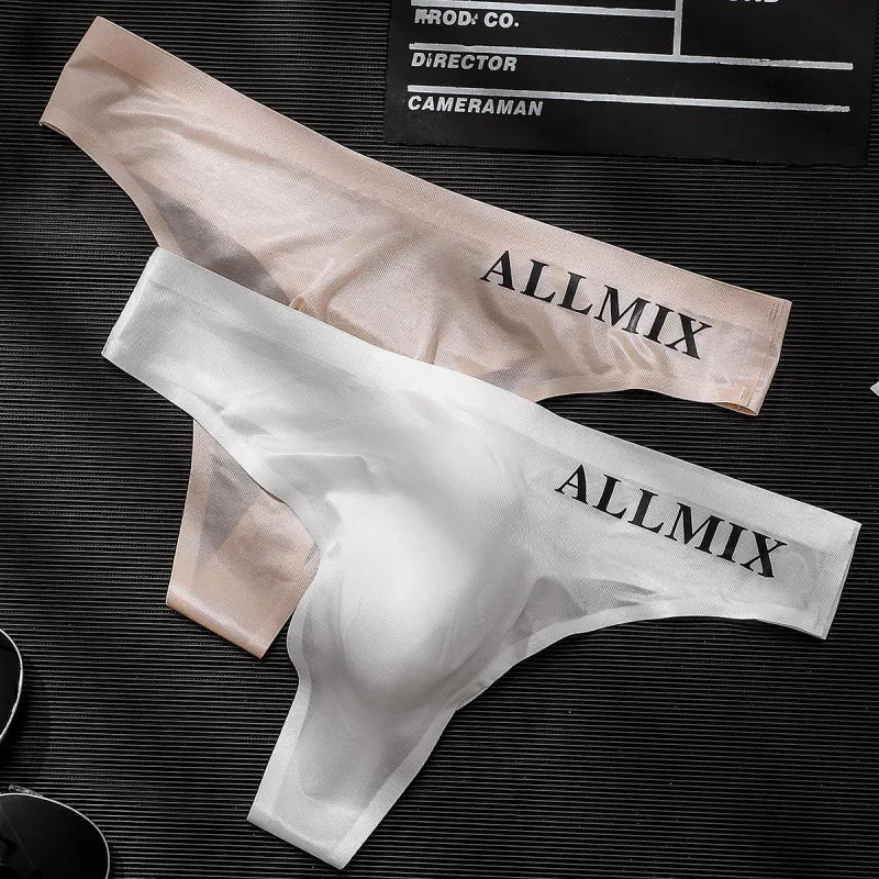 

Sexy Transparent Underwear Men Sports Letter Thin Hip Panties G-Strings Ice Silk Low Waist Seamless Thongs