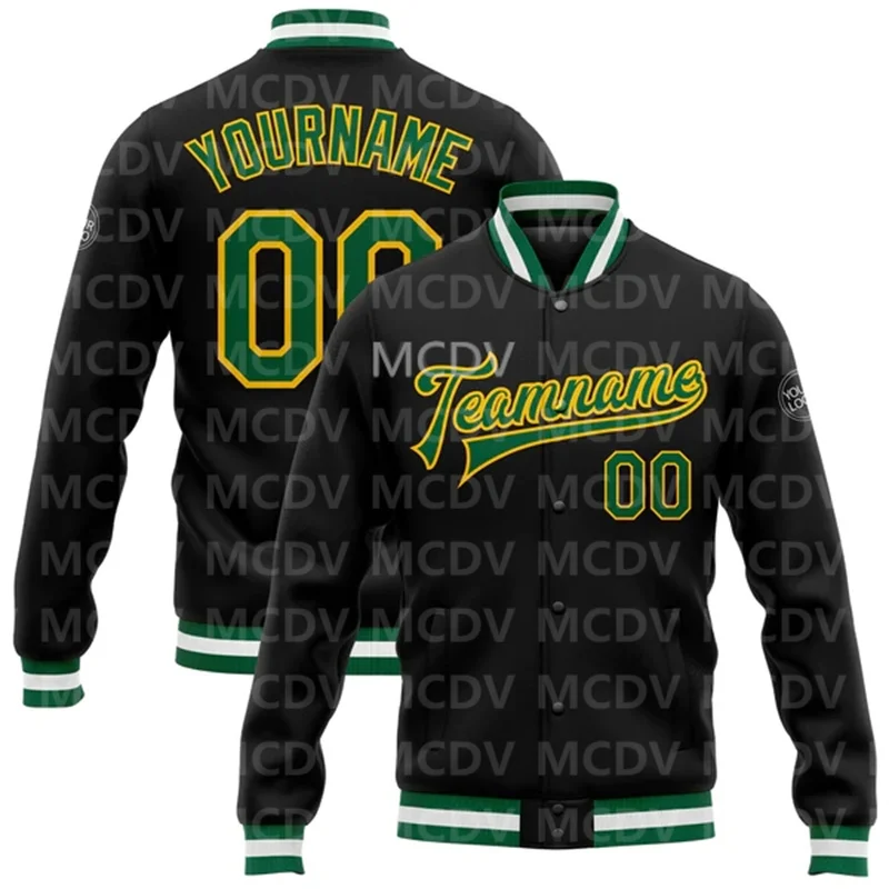 

Custom Black Kelly Green-Yellow Bomber Full-Snap Varsity Letterman Jacket Baseball Button Jacket