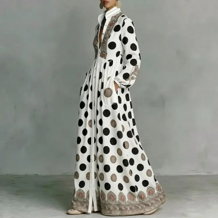 UOOZEE 2026 New Vintage Ethnic Printed Polka Dot Maxi Dresses For Women Long Sleeves Stand Collar High Waisted Party Shirt Dress