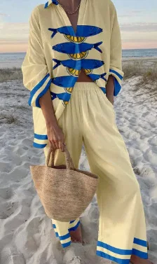 Casual vacanza boho stampato set da 2 pezzi risvolto allentato camicia a maniche lunghe con bottoni vita alta pantaloni a gamba larga vestito primavera nuovo stile