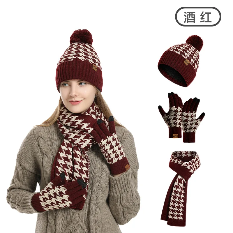 秋冬ニット帽セット-赤黒チェック柄プリント-暖かいウール帽子-スカーフ-手袋-3点セット-レディース-ガールズ-クリスマスプレゼント
