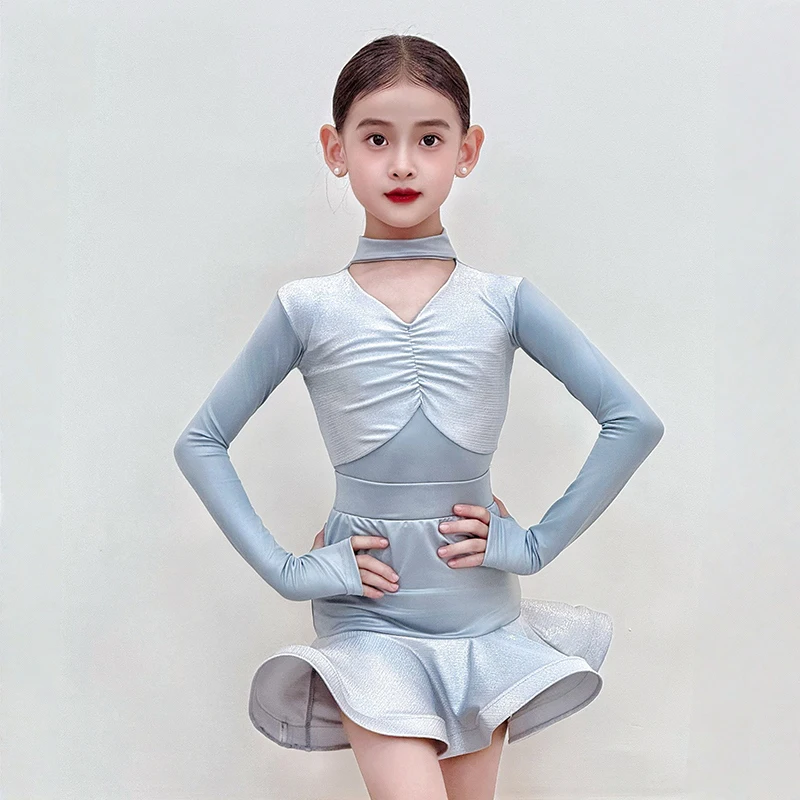 

Одежда для латинских танцев для девочек, осенне-зимняя тренировочная одежда с длинными рукавами, детское платье для танцев ча-ча, костюм с разрезом DNV24999