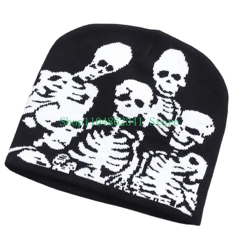 652F Scary Skull Hat for Women Teens Popular Knitted Hat Fashion Punk Hiphop Hat Western Crochet Hat Unisex Headpiece