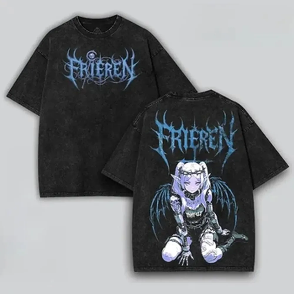 Gothic Y2k Frieren Beyond Journey's End T-shirt Anime Washed Oversized T Shirt Men Women Clothing High Quality Cotton Tee Tops