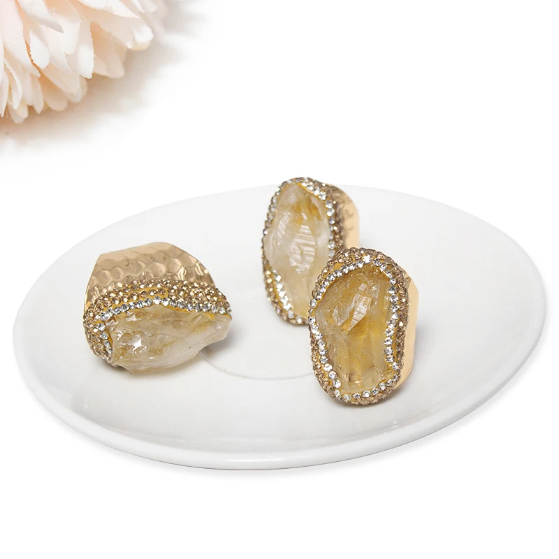 Raw Citrine Open Ring for Women Handmade Irregular Micro Inlay Adjustable Reiki Natural Stone Finger Jewelry with Rhinestone