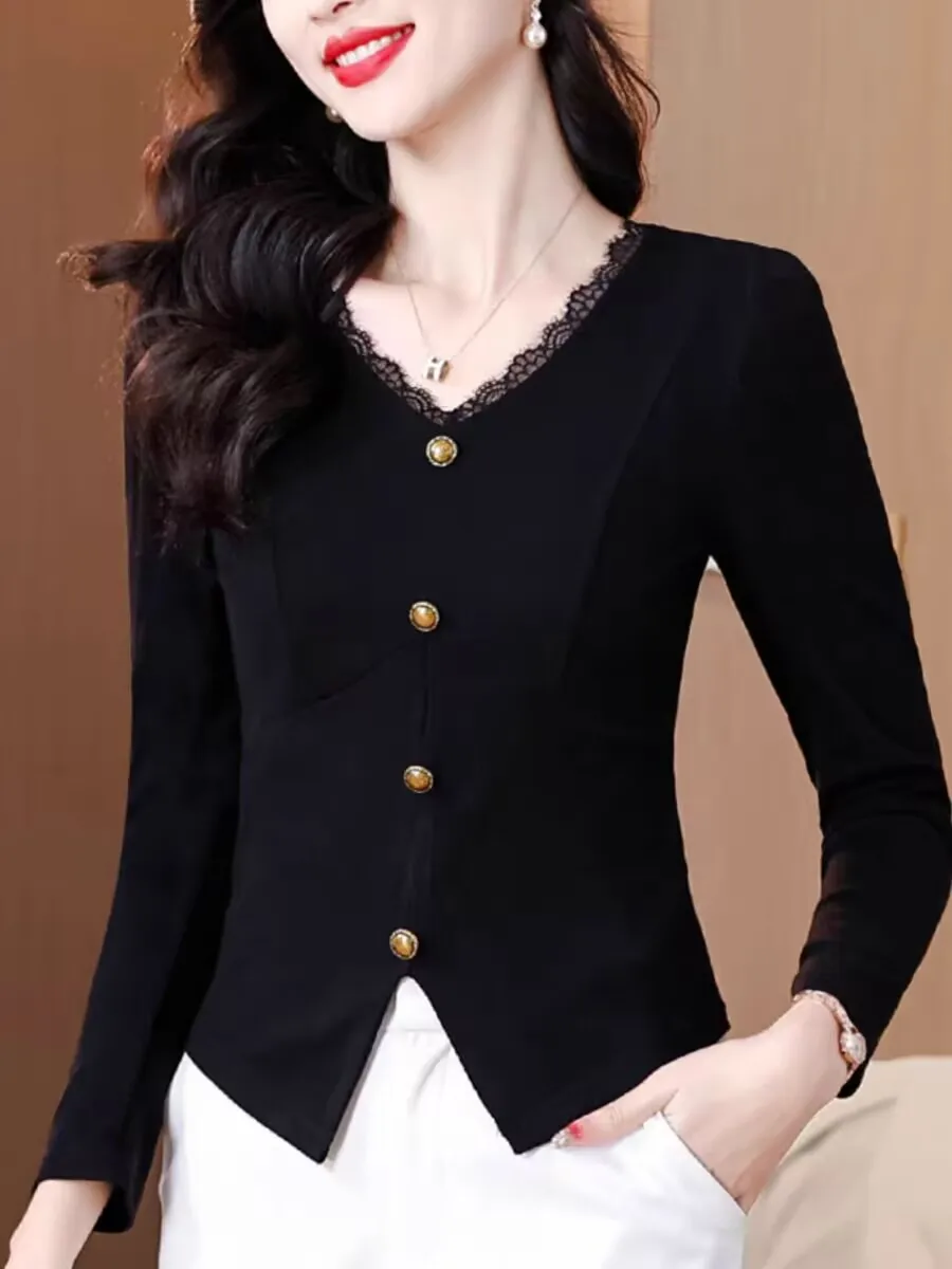 2025 สไตล์ฝรั่งเศส Elegant ฤดูใบไม้ผลิฤดูร้อนผู้หญิงหญิงตัด V คอปุ่มแยก Hem ลูกไม้เสื้อสเวตเตอร์ถักสํานักงาน