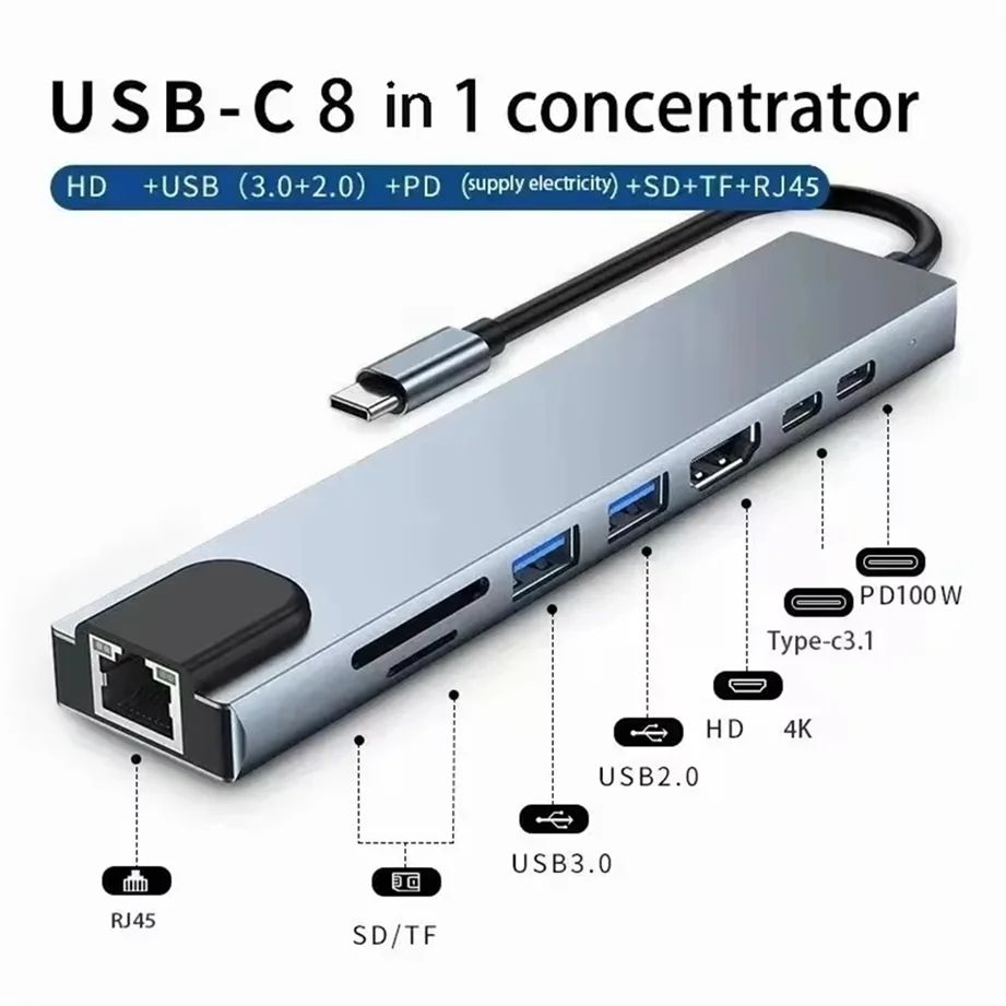 

USB 8 In 1 Type C 3 1 To 4K HDTV Hub Adapter With SD TF Rj45 Card Reader PD Fast Charge For Macbook Notebook Computer
